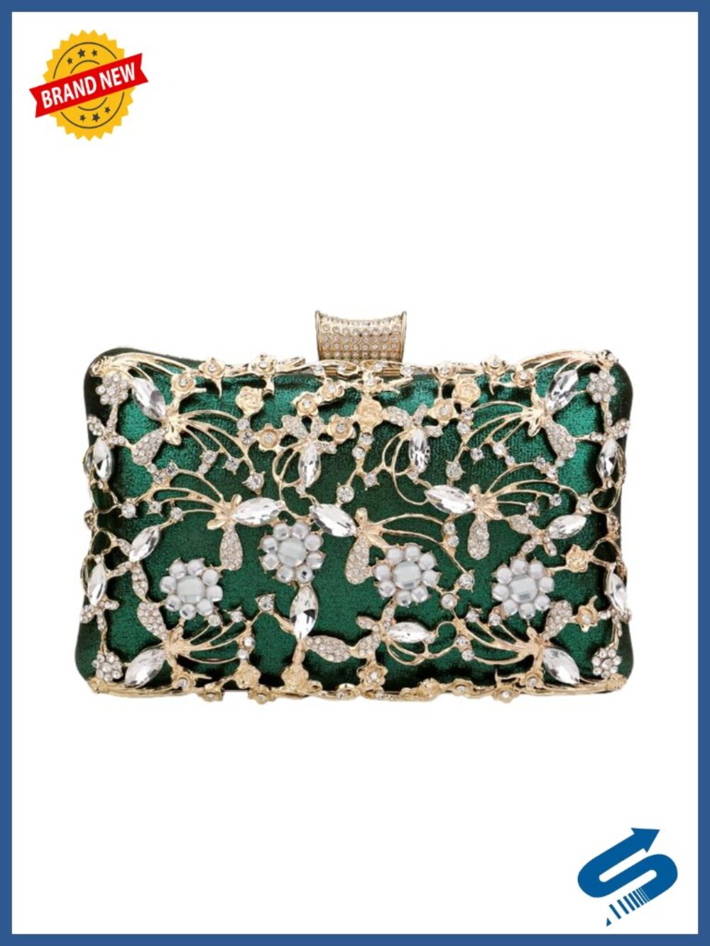 Rhinestone Floral Evening Clutch with Chain Wedding Party Purse